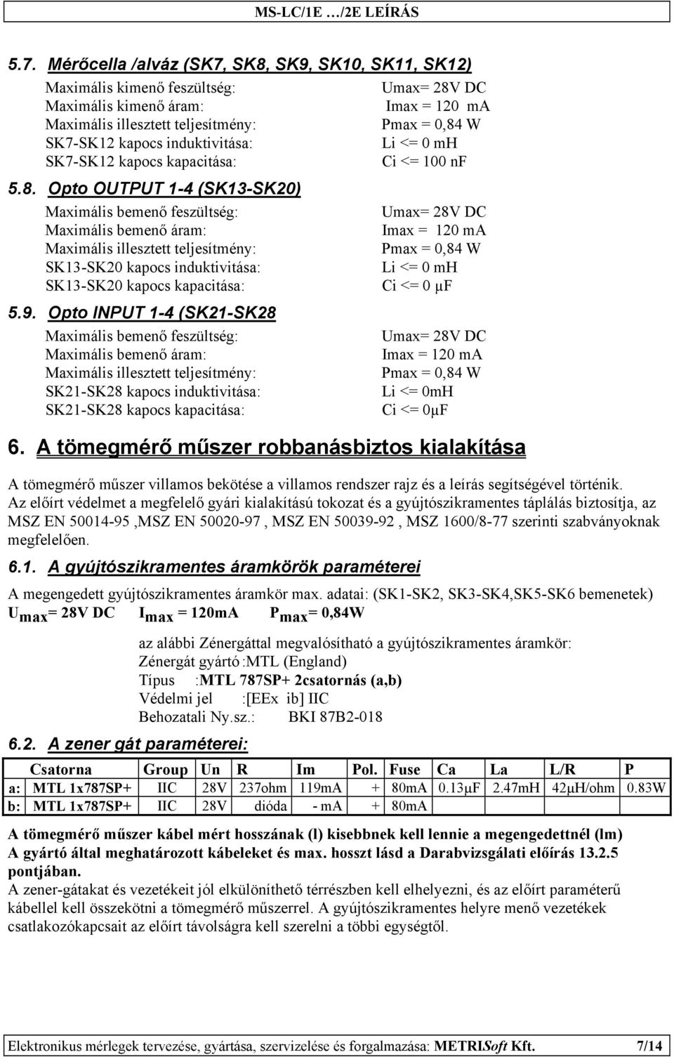 Opto INPUT 1-4 (SK21-SK28 Maximális bemenő feszültség: Umax= 28V DC Maximális bemenő áram: SK21-SK28 kapocs induktivitása: Li <= 0mH SK21-SK28 kapocs kapacitása: Ci <= 0µF 6.