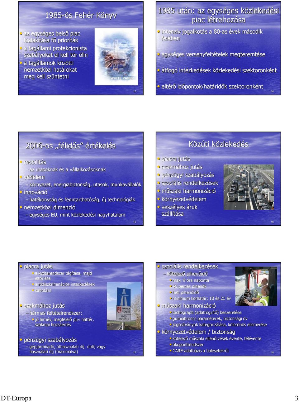 időpontok/határidők szektoronként 14 2006-os félidős értékelés Közúti közlekedés mobilitás az utasoknak és a vállalkozásoknak védelem környezet, energiabiztonság, utasok, munkavállalók innováció