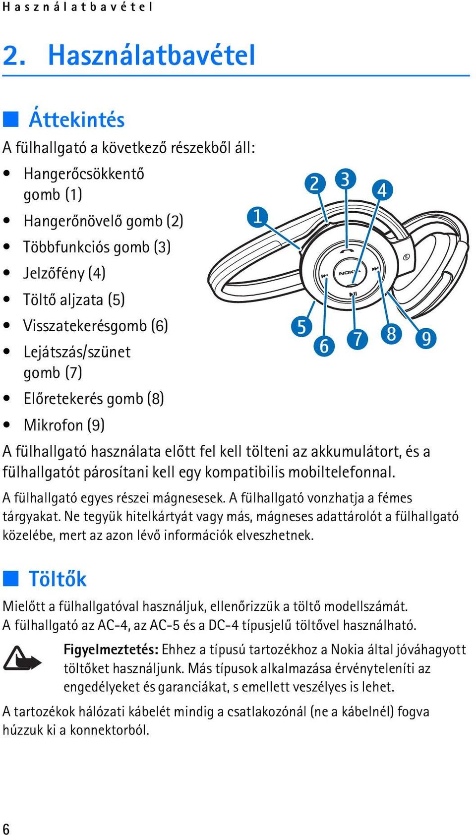 Lejátszás/szünet gomb (7) Elõretekerés gomb (8) Mikrofon (9) A fülhallgató használata elõtt fel kell tölteni az akkumulátort, és a fülhallgatót párosítani kell egy kompatibilis mobiltelefonnal.