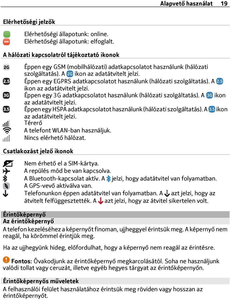 Éppen egy EGPRS adatkapcsolatot használunk (hálózati szolgáltatás). A ikon az adatátvitelt jelzi. Éppen egy 3G adatkapcsolatot használunk (hálózati szolgáltatás). A ikon az adatátvitelt jelzi. Éppen egy HSPA adatkapcsolatot használunk (hálózati szolgáltatás).