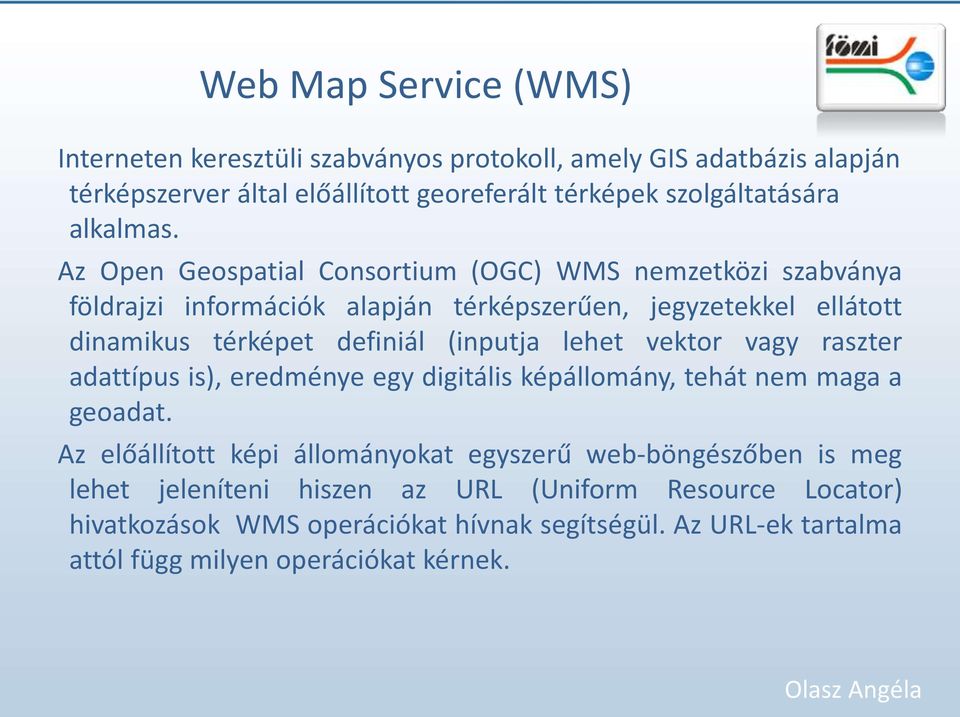 Az Open Geospatial Consortium (OGC) WMS nemzetközi szabványa földrajzi információk alapján térképszerűen, jegyzetekkel ellátott dinamikus térképet definiál (inputja