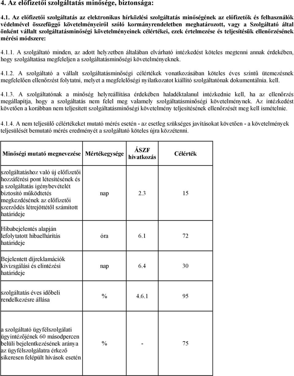 Szolgáltató által önként vállalt szolgáltatásminőségi követelményeinek célértékei, ezek értelmezése és teljesítésük ellenőrzésének mérési módszere: 4.1.