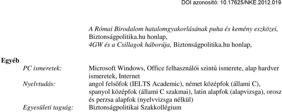 hu honlap, Microsoft Windows, Office felhasználói szintű ismerete, alap hardver ismeretek, Internet angol felsőfok (IELTS