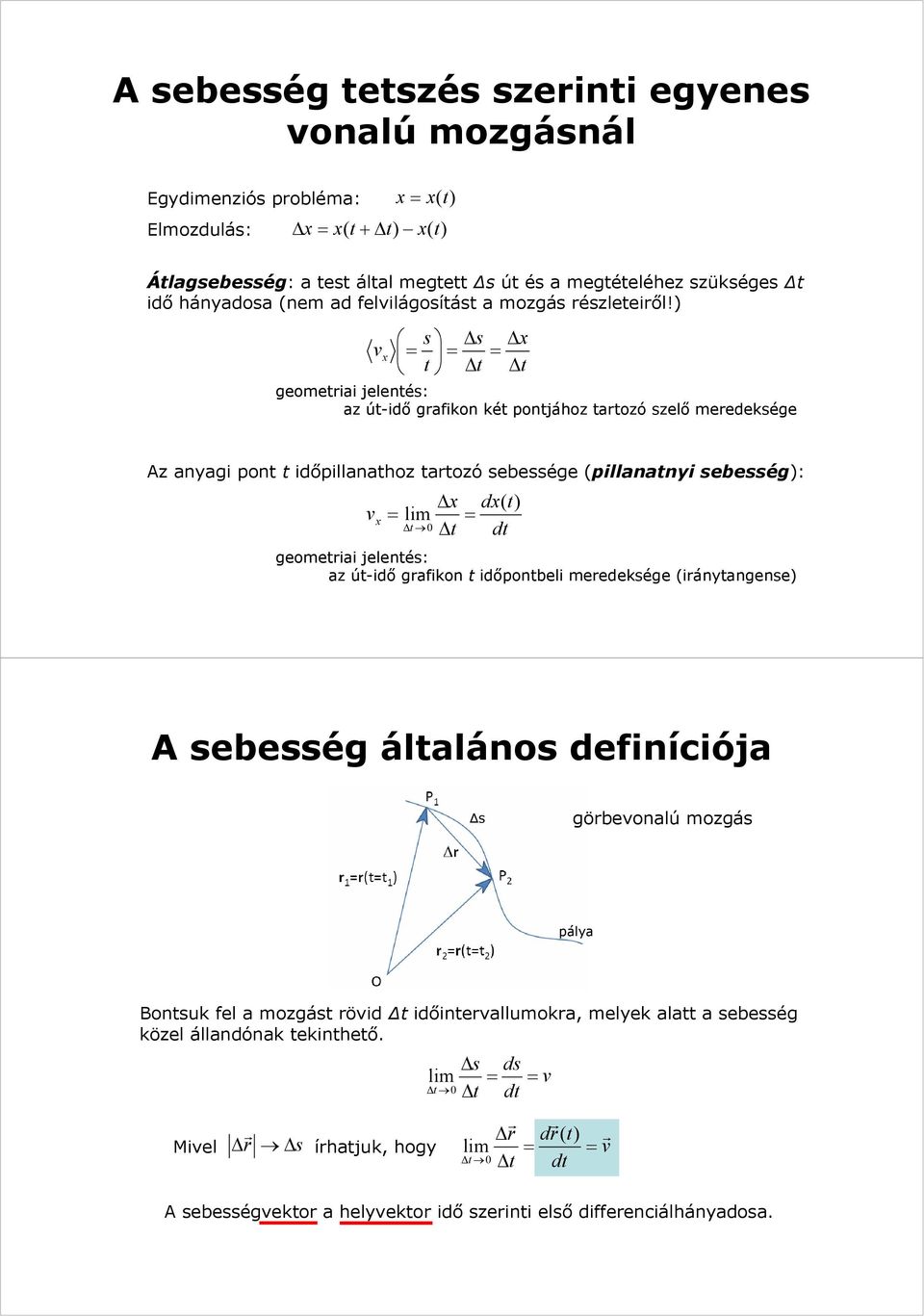 ) v x = s s x = = t t t geometriai jelentés: az út-idő grafikon két pontjához tartozó szelő meredeksége Az anyagi pont t időpillanathoz tartozó sebessége (pillanatnyi sebesség): v x x dx( t) = lim =