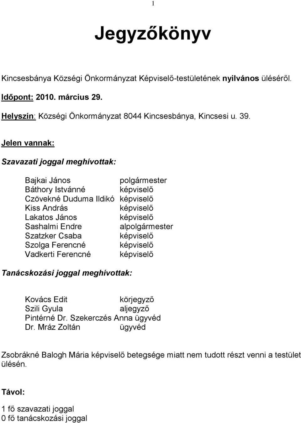 Endre alpolgármester Szatzker Csaba képviselő Szolga Ferencné képviselő Vadkerti Ferencné képviselő Tanácskozási joggal meghívottak: Kovács Edit körjegyző Szili Gyula aljegyző Pintérné