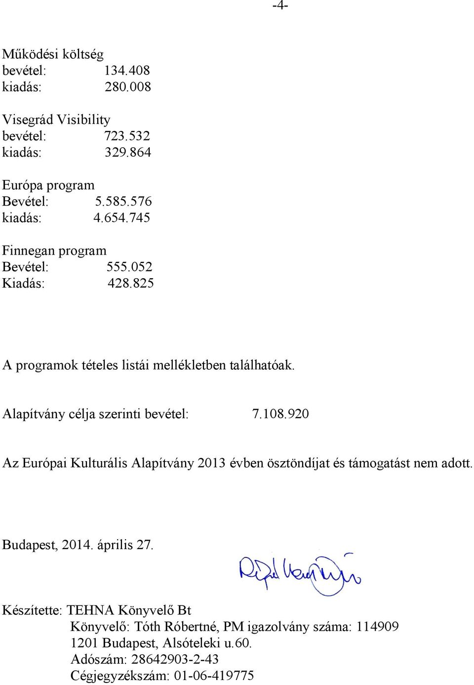 Alapítvány célja szerinti bevétel: 7.108.920 Az Európai Kulturális Alapítvány 2013 évben ösztöndíjat és támogatást nem adott. Budapest, 2014.