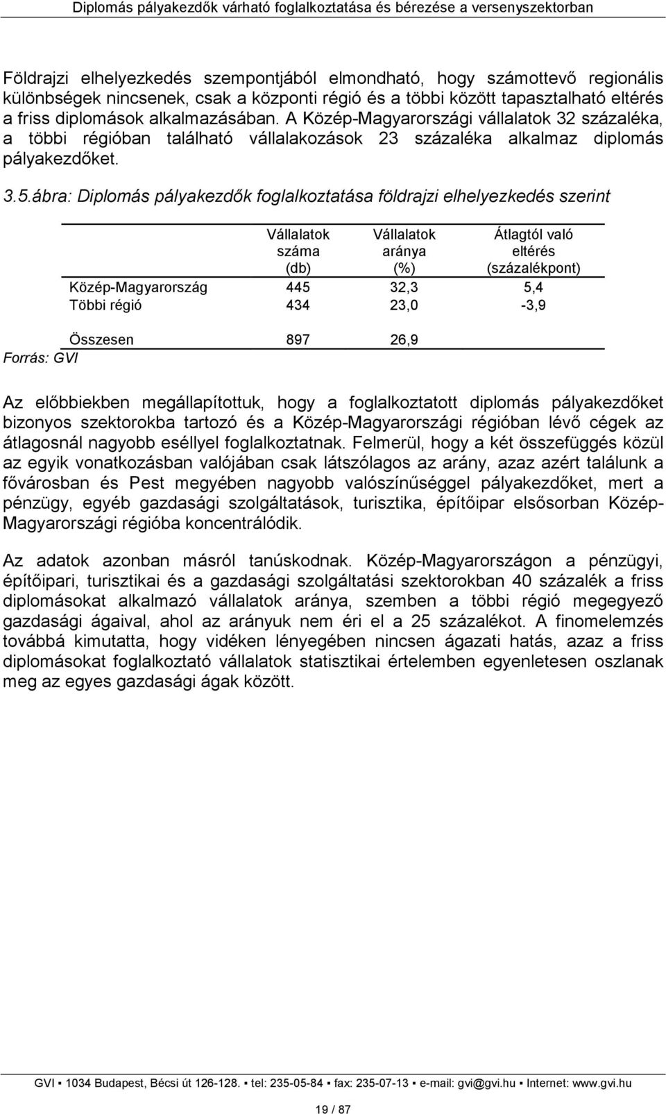 ábra: Diplomás pályakezdık foglalkoztatása földrajzi elhelyezkedés szerint Vállalatok száma (db) Vállalatok aránya (%) Átlagtól való eltérés (százalékpont) Közép-Magyarország 445 32,3 5,4 Többi régió