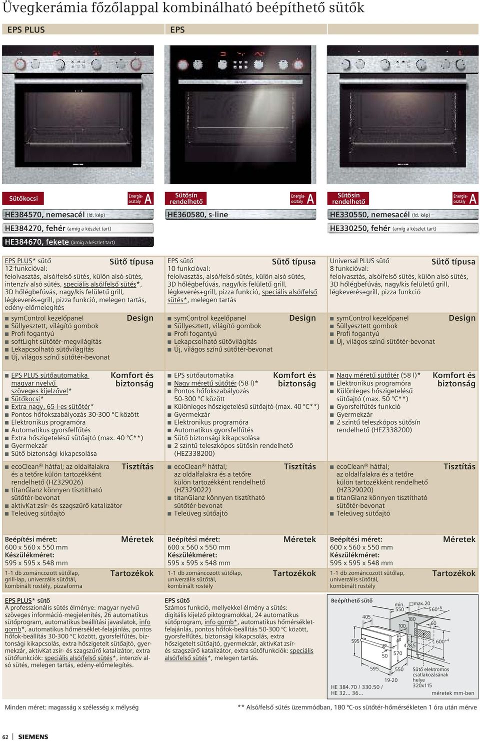 kép) Energiaosztály A HE384270, fehér (amíg a készlet tart) HE330250, fehér (amíg a készlet tart) HE384670, fekete (amíg a készlet tart) EPS PLUS* sütô Sütô típusa 12 funkcióval: felolvasztás,