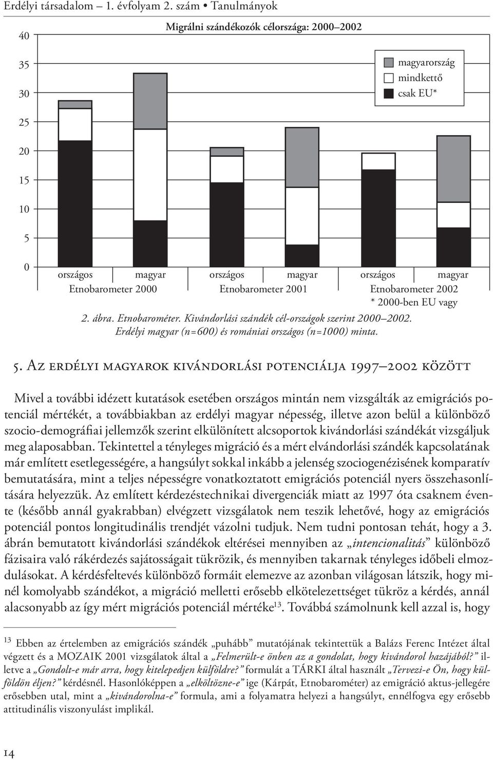 2001 Etnobarometer 2002 * 2000-ben EU vagy 2. ábra. Etnobarométer. Kivándorlási szándék cél-országok szerint 2000 2002. Erdélyi magyar (n=600) és romániai országos (n=1000) minta. 5.