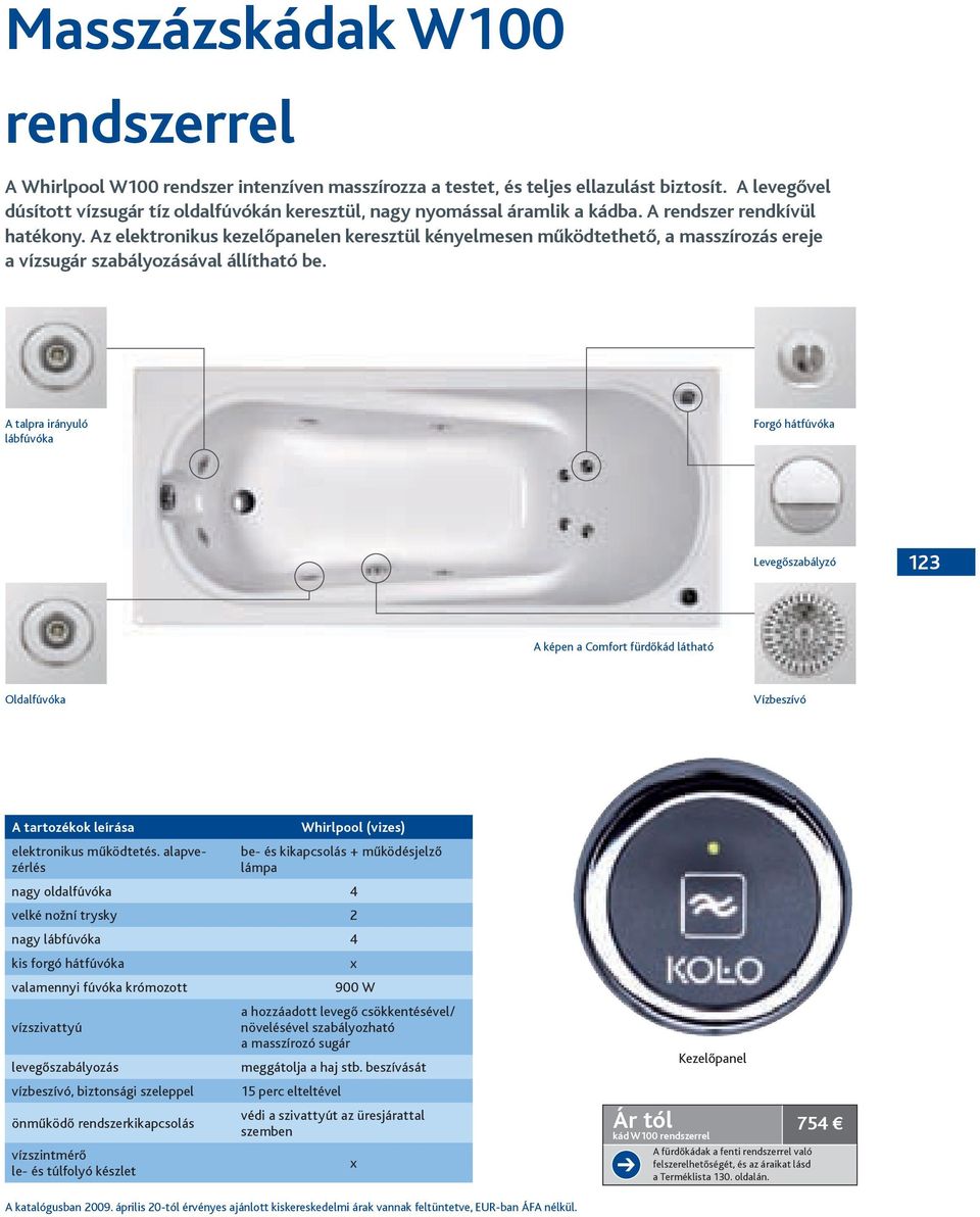 A talpra irányuló lábfúvóka Forgó hátfúvóka Levegőszabályzó 123 A képen a Comfort fürdőkád látható Whirlpool (vizes) elektronikus működtetés.