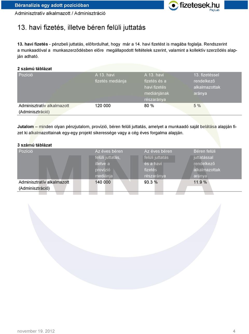 2 számú táblázat Pozíció Adminisztratív alkalmazott (Adminisztráció) A 13. havi fizetés mediánja A 13. havi fizetés és a havi fizetés mediánjának részaránya 13.