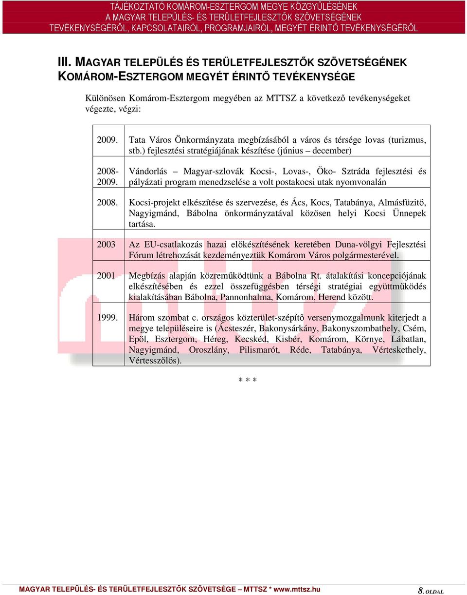 Vándorlás Magyar-szlovák Kocsi-, Lovas-, Öko- Sztráda fejlesztési és pályázati program menedzselése a volt postakocsi utak nyomvonalán 2008.