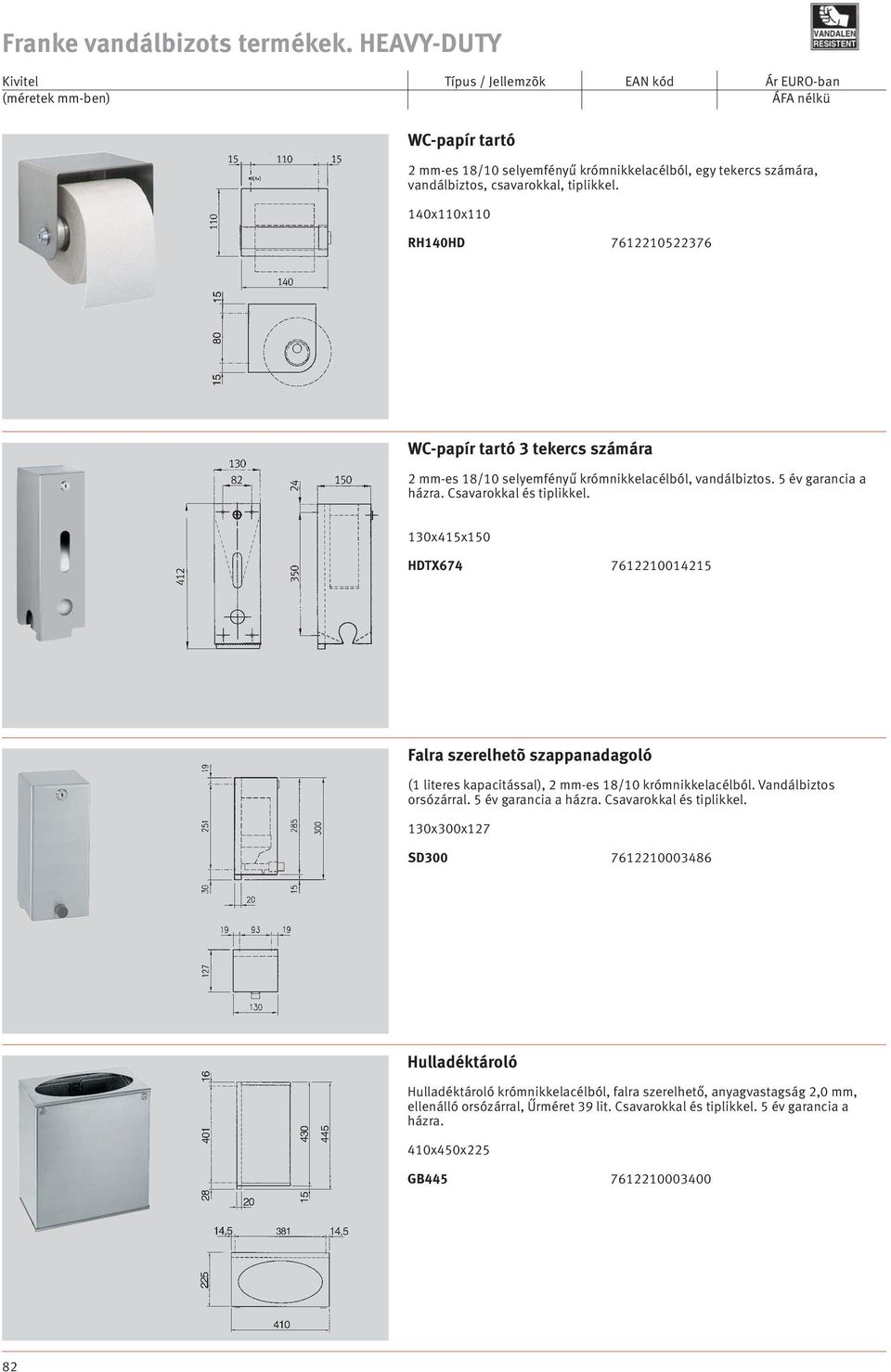 130x415x150 HDTX674 7612210014215 261, Falra szerelhetõ szappanadagoló (1 literes kapacitással), 2 mm-es 18/10 krómnikkelacélból. Vandálbiztos orsózárral. 5 év garancia a házra.