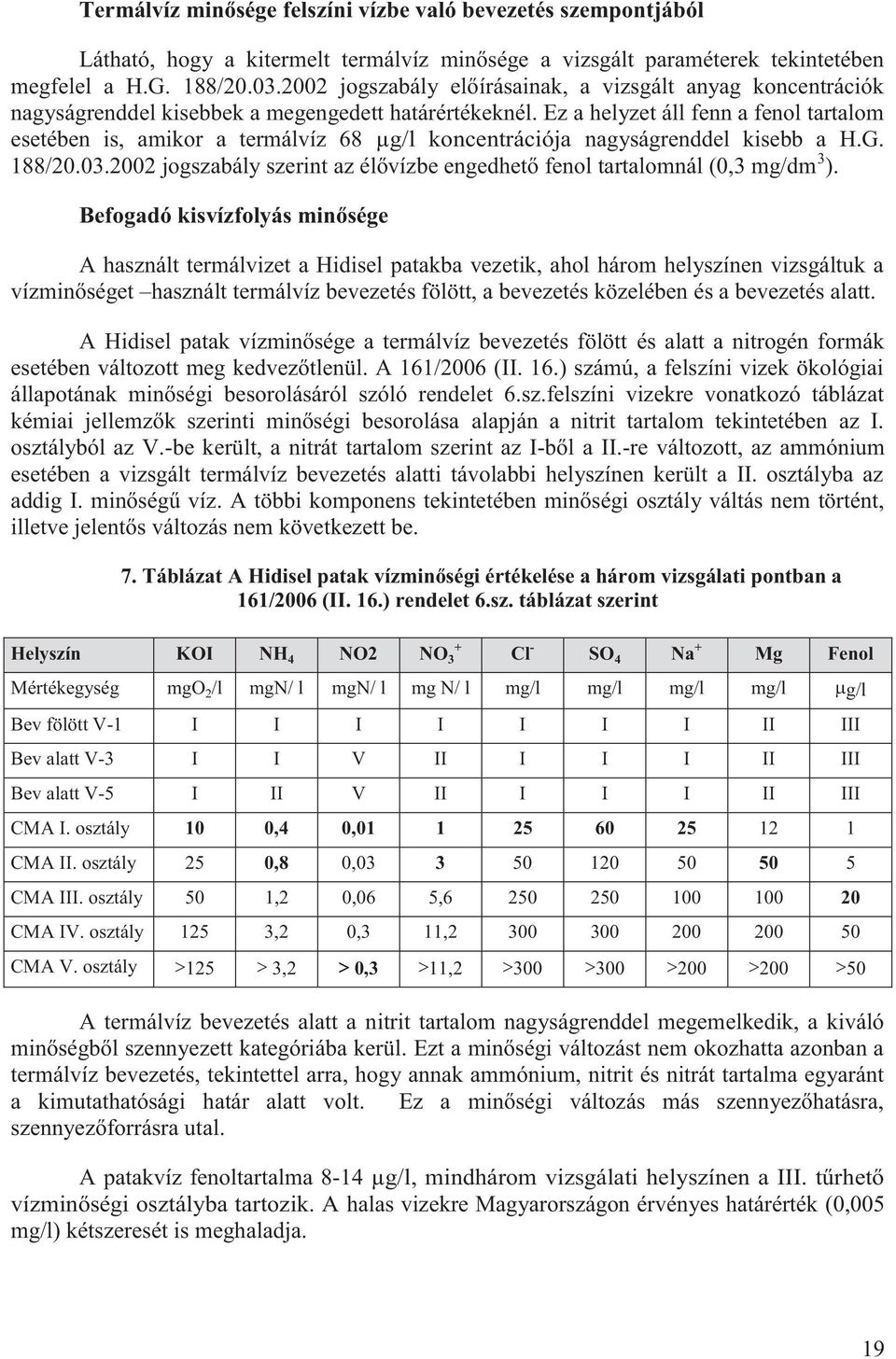 Ez a helyzet áll fenn a fenol tartalom esetében is, amikor a termálvíz 68 nagyságrenddel kisebb a H.G. 188/20.03.2002 jogszabály szerint az élővízbe engedhető fenol tartalomnál (0,3 mg/dm 3 ).