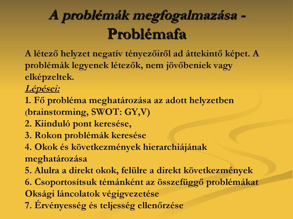 Fő probléma meghatározása az adott helyzetben (brainstorming, SWOT: GY,V) 2. Kiinduló pont keresése, 3. Rokon problémák keresése 4.