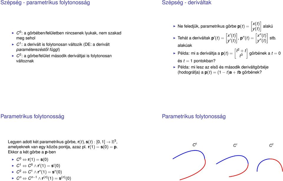 stb. (t) alakúak [ t Példa: mi a deriváltja a p(t) = 2 ] + t t 3 görbének a t = 0 és t = 1 pontokban? Példa: mi lesz az első és második deriváltgörbéje (hodográfja) a p(t) = (1 t)a + tb görbének?