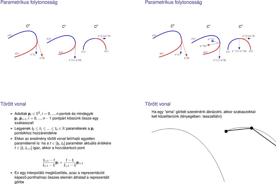 Törött vonal Ha egy sima görbét szeretnénk ábrázolni, akkor szakaszokkal kell közelítenünk (lényegében: tesszellálni) Legyenek t 0 t 1.