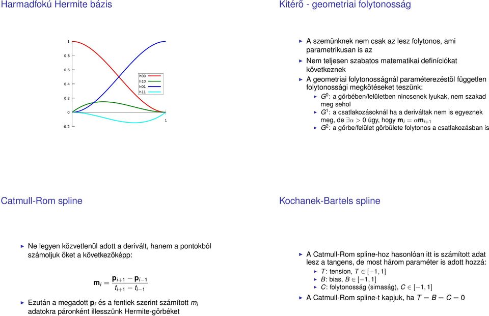 egyeznek meg, de α > 0 úgy, hogy m i = αm i+1 G 2 : a görbe/felület görbülete folytonos a csatlakozásban is Catmull-Rom spline Kochanek-Bartels spline Ne legyen közvetlenül adott a derivált, hanem a