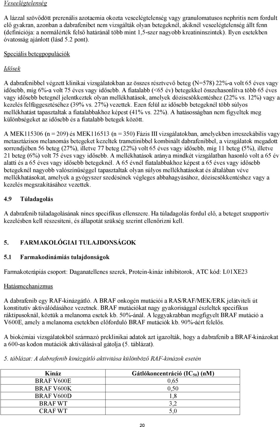 Speciális betegpopulációk Idősek A dabrafenibbel végzett klinikai vizsgálatokban az összes résztvevő beteg (N=578) 22%-a volt 65 éves vagy idősebb, míg 6%-a volt 75 éves vagy idősebb.