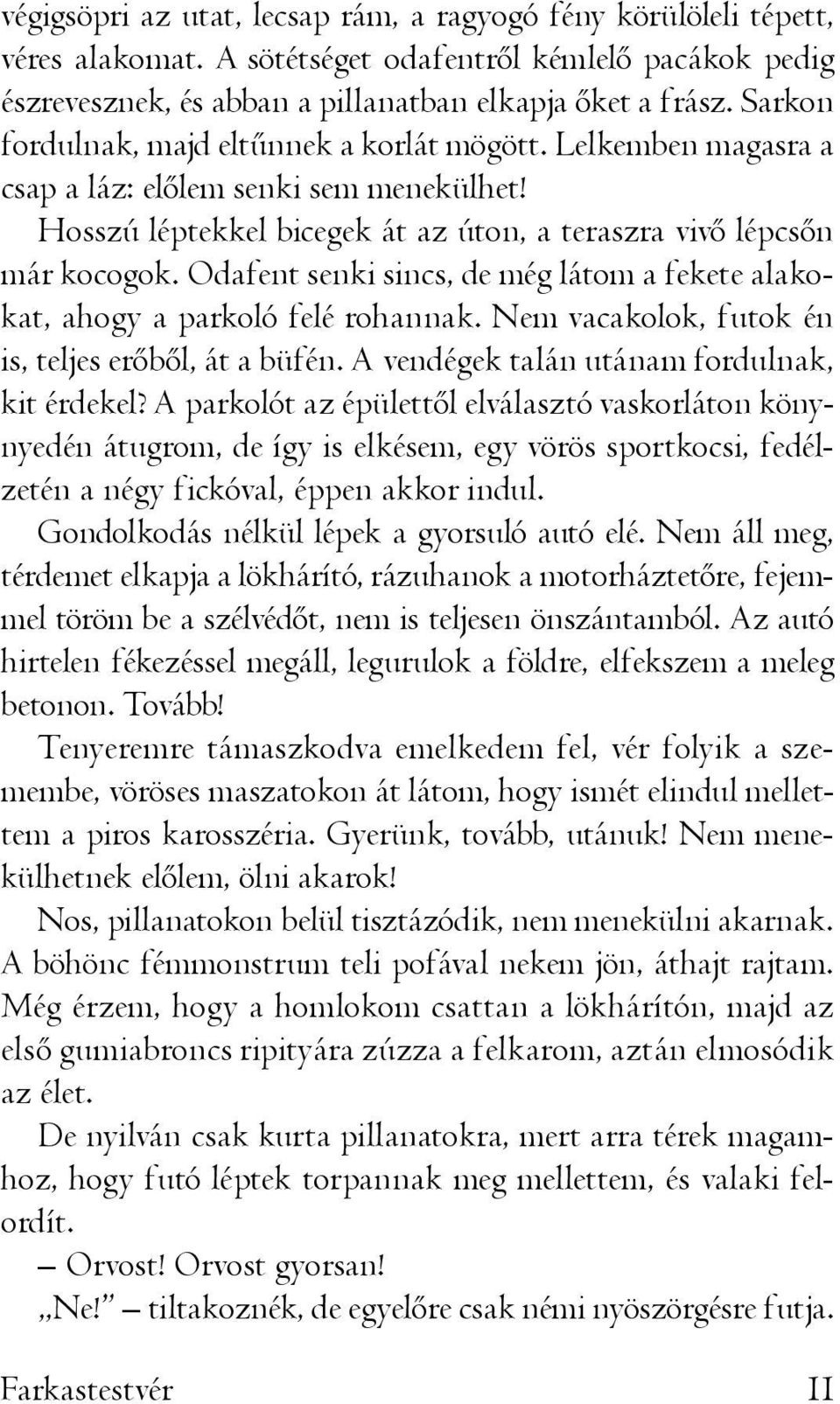 Odafent senki sincs, de még látom a fekete alakokat, ahogy a parkoló felé rohannak. Nem vacakolok, futok én is, teljes erőből, át a büfén. A vendégek talán utánam fordulnak, kit érdekel?