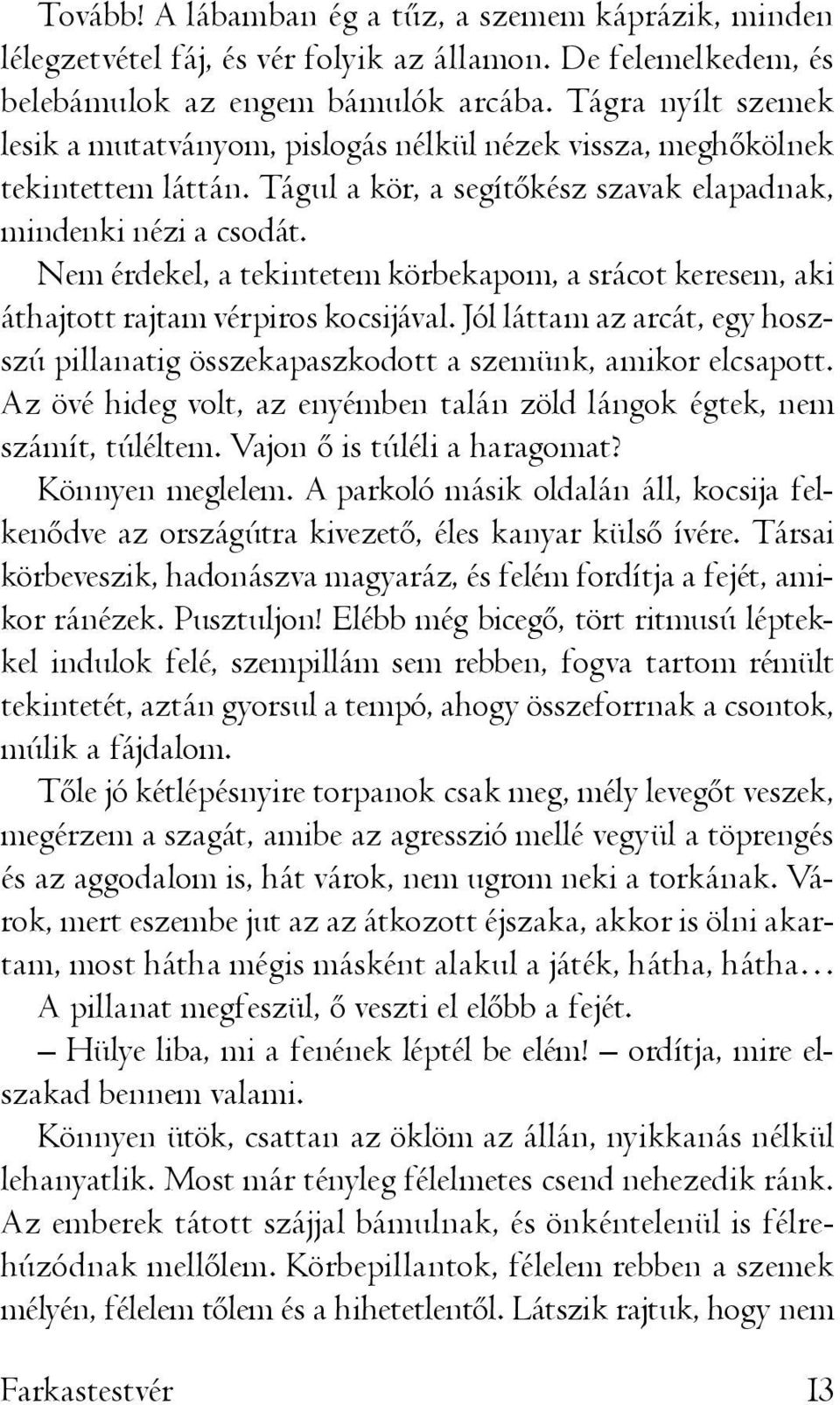 Nem érdekel, a tekintetem körbekapom, a srácot keresem, aki áthajtott rajtam vérpiros kocsijával. Jól láttam az arcát, egy hoszszú pillanatig összekapaszkodott a szemünk, amikor elcsapott.