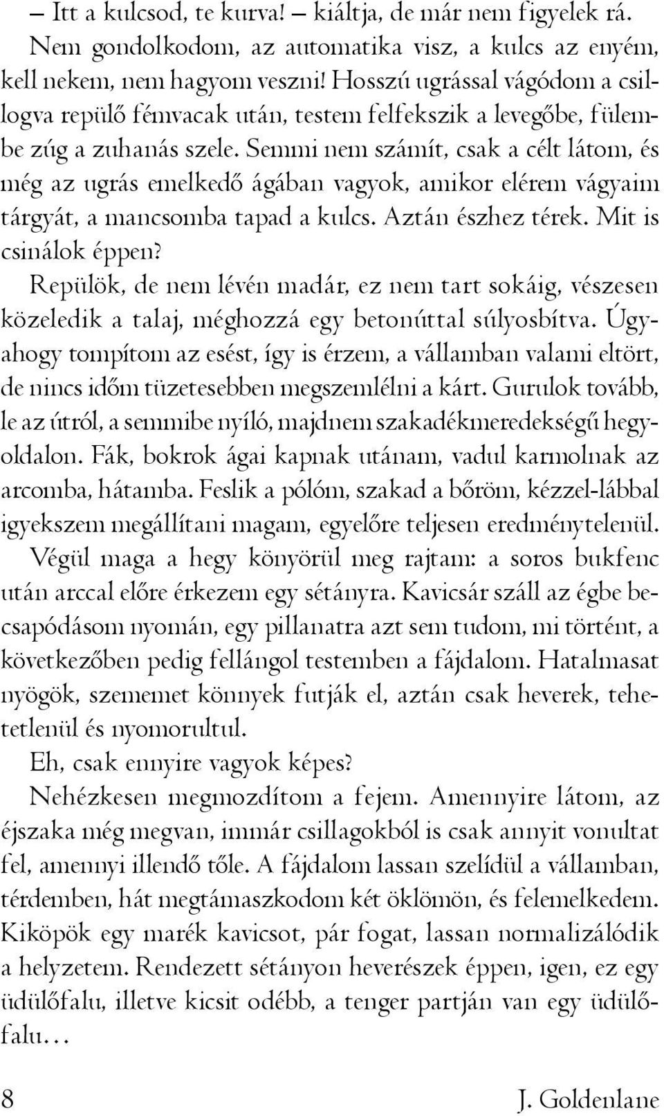 Semmi nem számít, csak a célt látom, és még az ugrás emelkedő ágában vagyok, amikor elérem vágyaim tárgyát, a mancsomba tapad a kulcs. Aztán észhez térek. Mit is csinálok éppen?