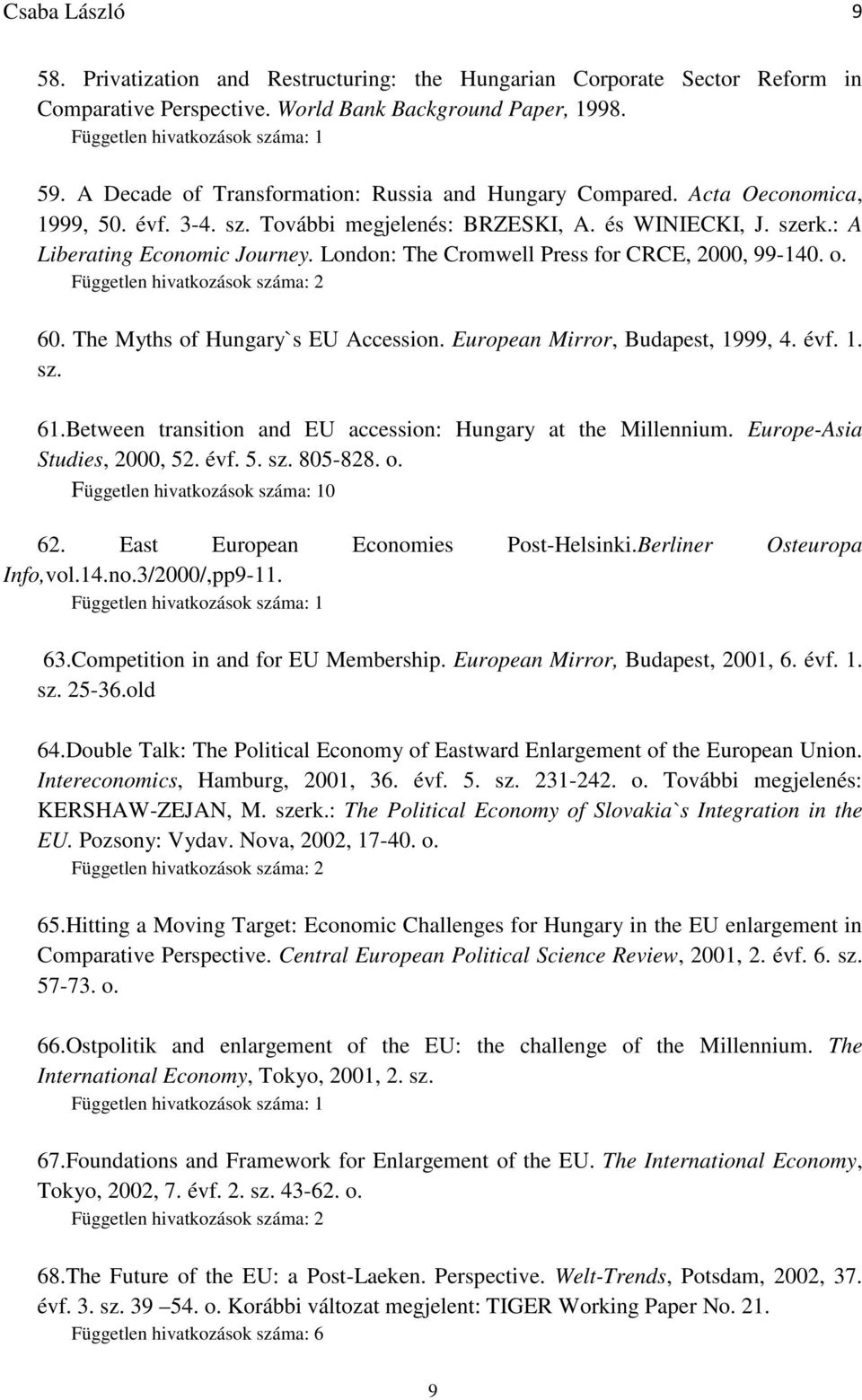The Myths of Hungary`s EU Accession. European Mirror, Budapest, 1999, 4. évf. 1. sz. 61.Between transition and EU accession: Hungary at the Millennium. Europe-Asia Studies, 2000, 52. évf. 5. sz. 805-828.
