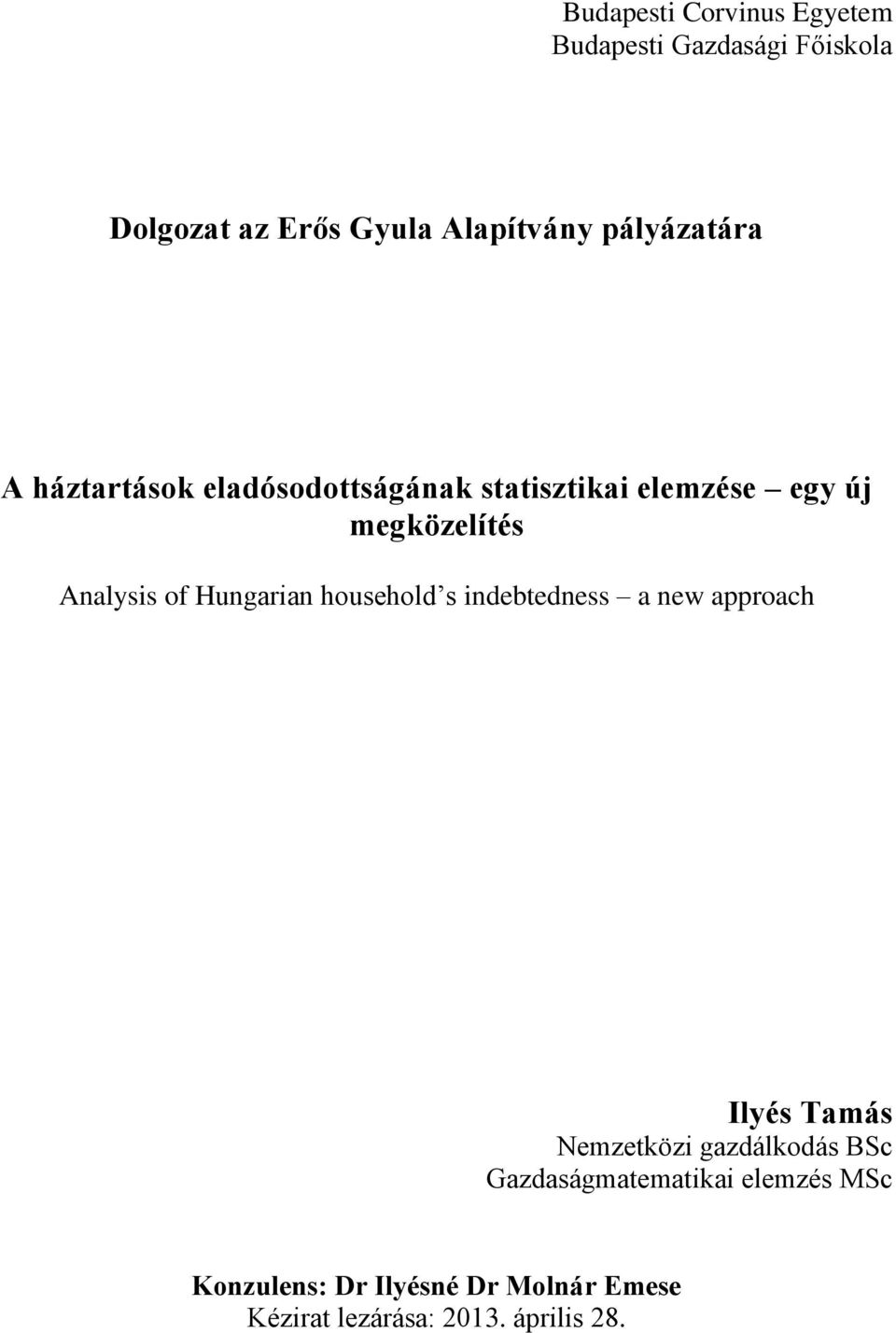 of Hungarian household s indebtedness a new approach Ilyés Tamás Nemzetközi gazdálkodás BSc