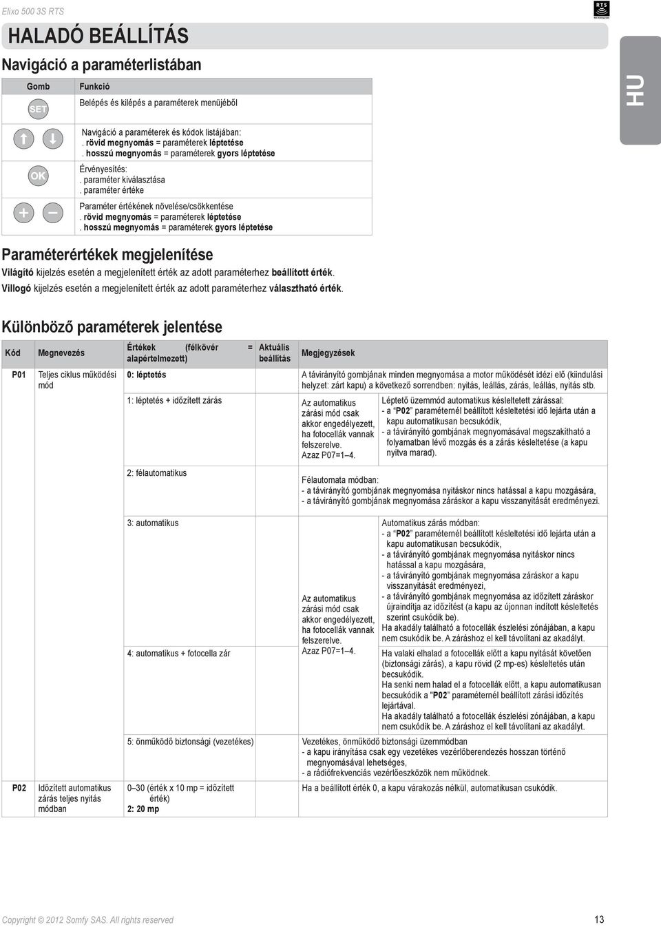 paraméter értéke Paraméter értékének növelése/csökkentése. rövid megnyomás = paraméterek léptetése.