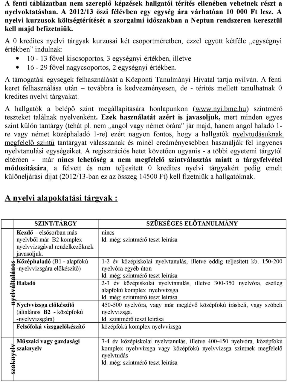 A 0 kredites nyelvi tárgyak kurzusai két csoportméretben, ezzel együtt kétféle egységnyi értékben indulnak: 10-13 fővel kiscsoportos, 3 egységnyi értékben, illetve 16-29 fővel nagycsoportos, 2