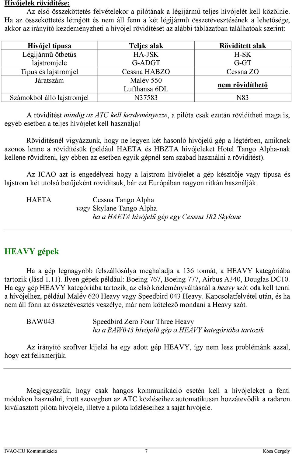 Hívójel típusa Teljes alak Rövidített alak Légijármű ötbetűs lajstromjele HA-JSK G-ADGT H-SK G-GT Típus és lajstromjel Cessna HABZO Cessna ZO Járatszám Malév 550 Lufthansa 6DL nem rövidíthető