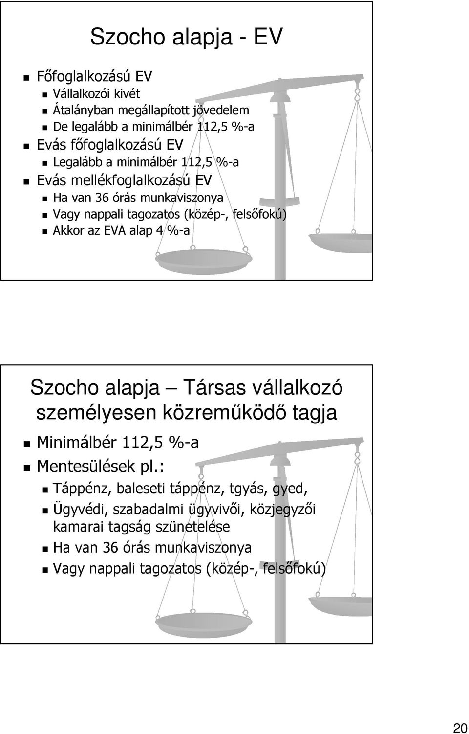 alap 4 %-a Szocho alapja Társas vállalkozó személyesen közreműködő tagja Minimálbér 112,5 %-a Mentesülések pl.