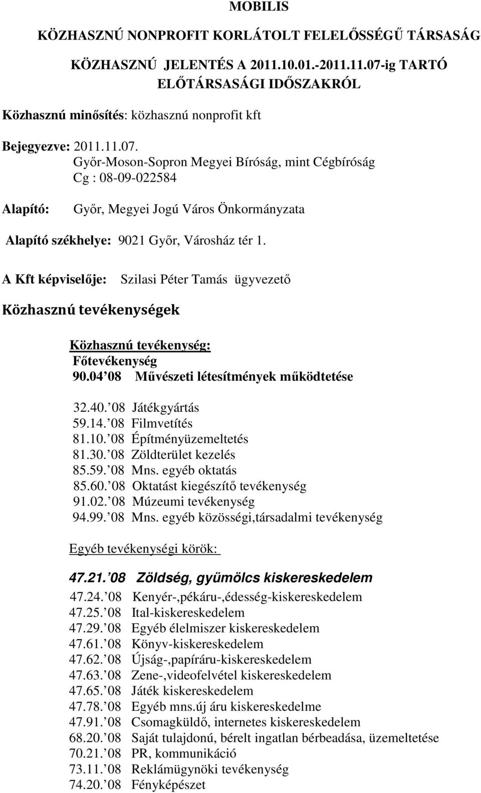 A Kft képviselıje: Szilasi Péter Tamás ügyvezetı Közhasznú tevékenységek Közhasznú tevékenység: Fıtevékenység 90.04 08 Mővészeti létesítmények mőködtetése 32.40. 08 Játékgyártás 59.14.