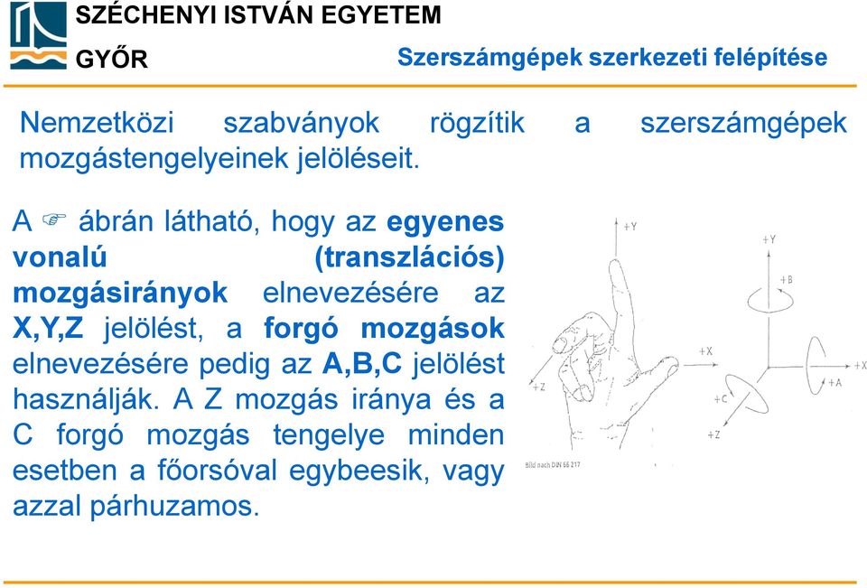 A ábrán látható, hogy az egyenes vonalú (transzlációs) mozgásirányok elnevezésére az X,Y,Z