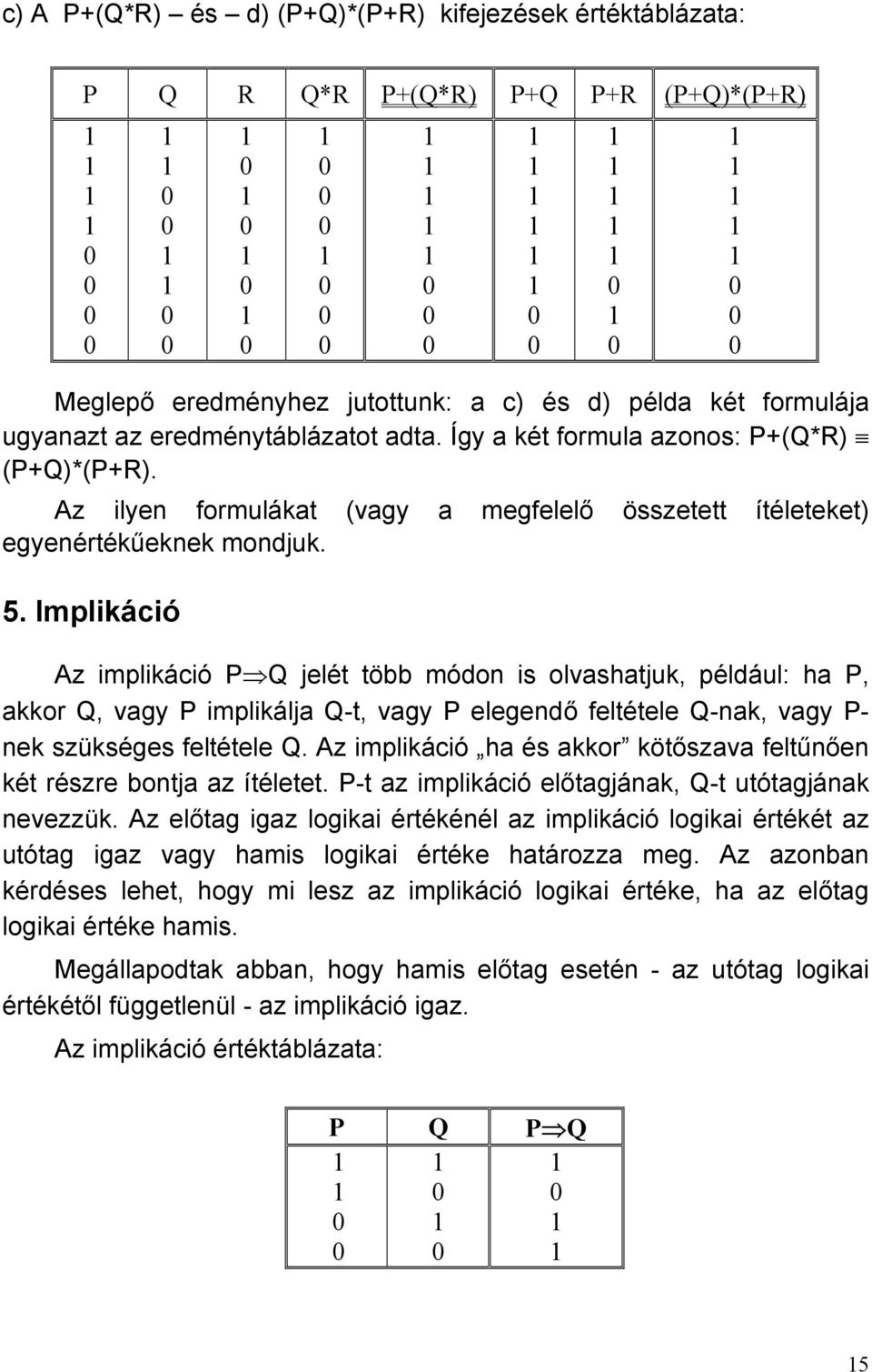 Implikáció Az implikáció P Q jelét több módon is olvashatjuk, például: ha P, akkor Q, vagy P implikálja Q-t, vagy P elegendő feltétele Q-nak, vagy P- nek szükséges feltétele Q.