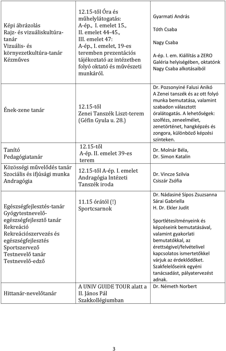 15 től Óra és műhelylátogatás: A ép., I. emelet 15., II. emelet 44 45., III. emelet 47: A ép., I. emelet, 19 es teremben prezentációs tájékoztató az intézetben folyó oktató és művészeti munkáról. 12.