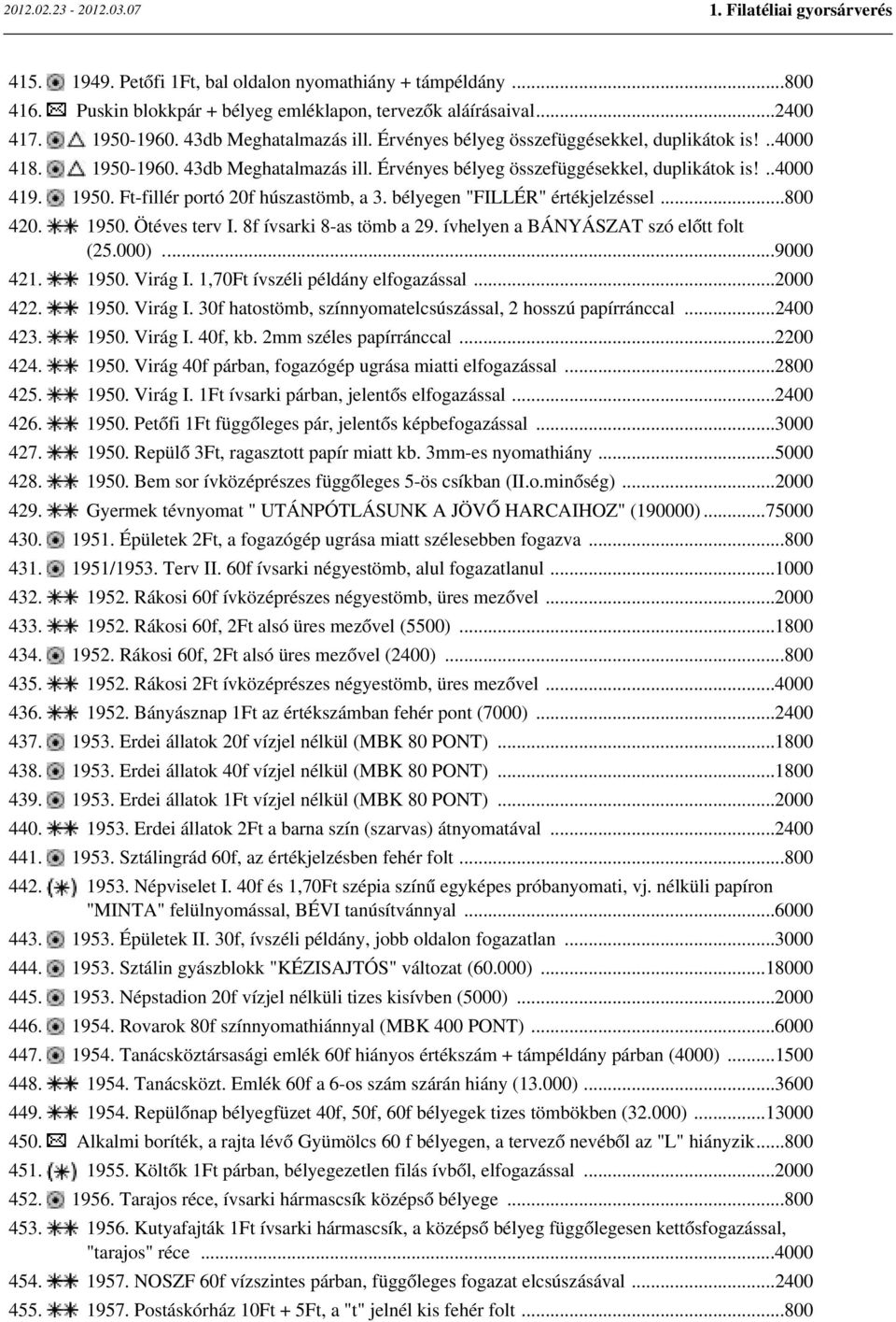 bélyegen "FILLÉR" értékjelzéssel...800 420. 1950. Ötéves terv I. 8f ívsarki 8-as tömb a 29. ívhelyen a BÁNYÁSZAT szó előtt folt (25.000)...9000 421. 1950. Virág I. 1,70Ft ívszéli példány elfogazással.