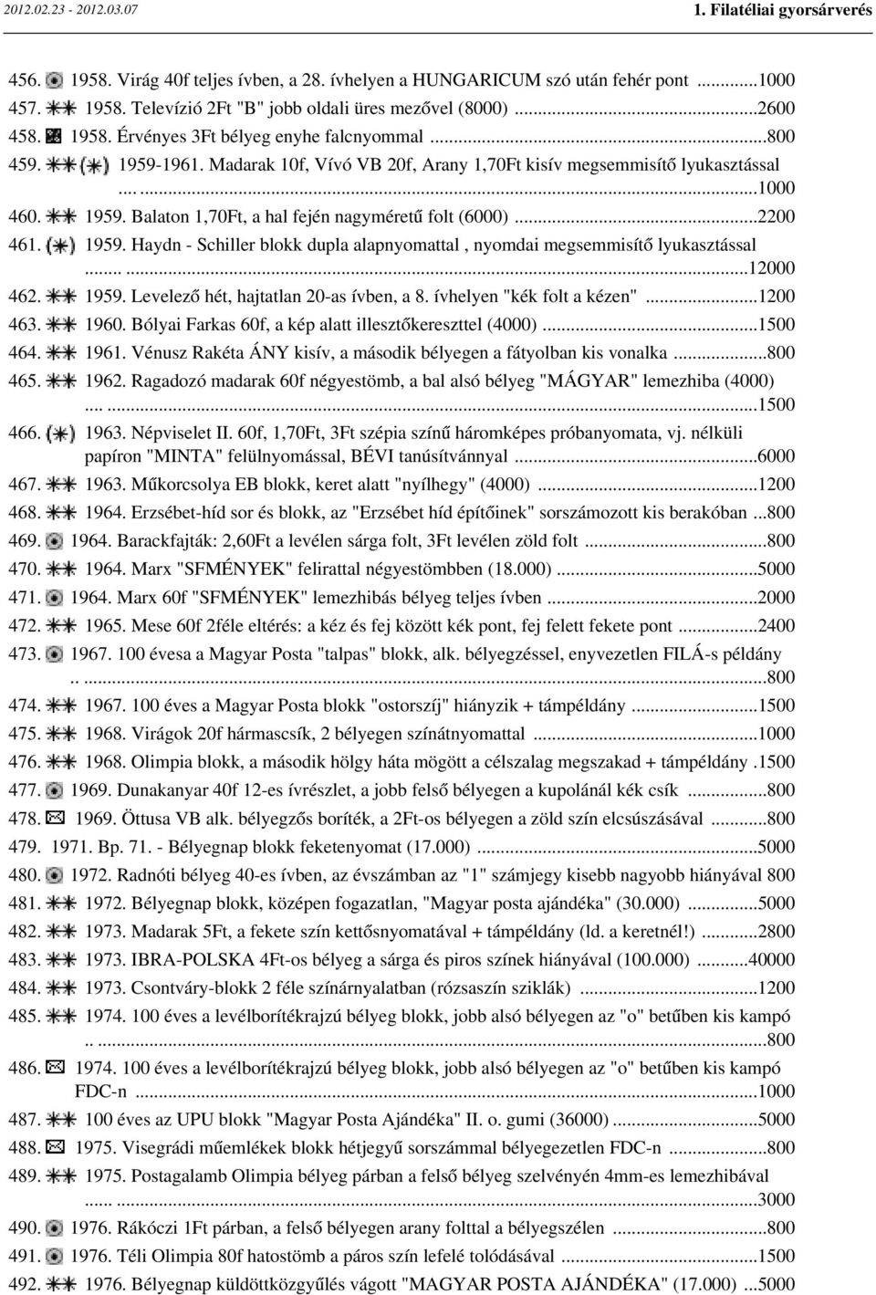 .....12000 462. 1959. Levelező hét, hajtatlan 20-as ívben, a 8. ívhelyen "kék folt a kézen"...1200 463. 1960. Bólyai Farkas 60f, a kép alatt illesztőkereszttel (4000)...1500 464. 1961.