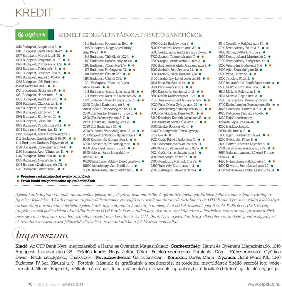 1061 Budapest, Andrássy út 6. 1066 Budapest, Oktogon tér 3. 1077 Budapest, Király utca 49. 1075 Budapest, Károly krt. 1. 1075 Budapest, Károly krt. 25 1085 Budapest, József krt. 33.