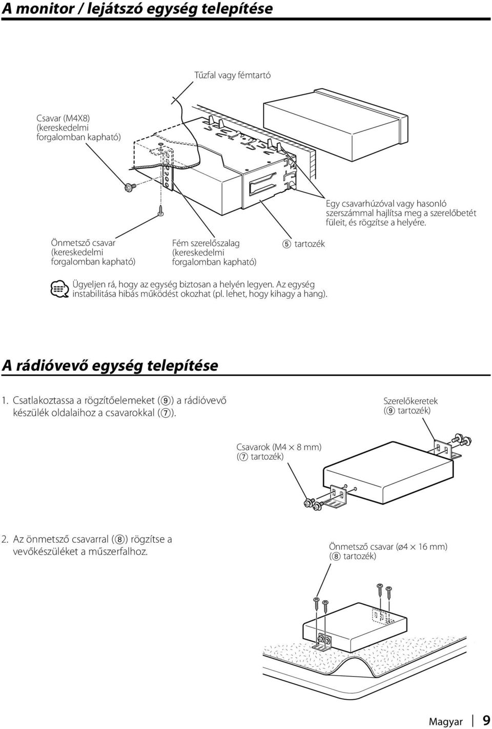 Ügyeljen rá, hogy az egység biztosan a helyén legyen. Az egység instabilitása hibás működést okozhat (pl. lehet, hogy kihagy a hang). A rádióvevő egység telepítése 1.