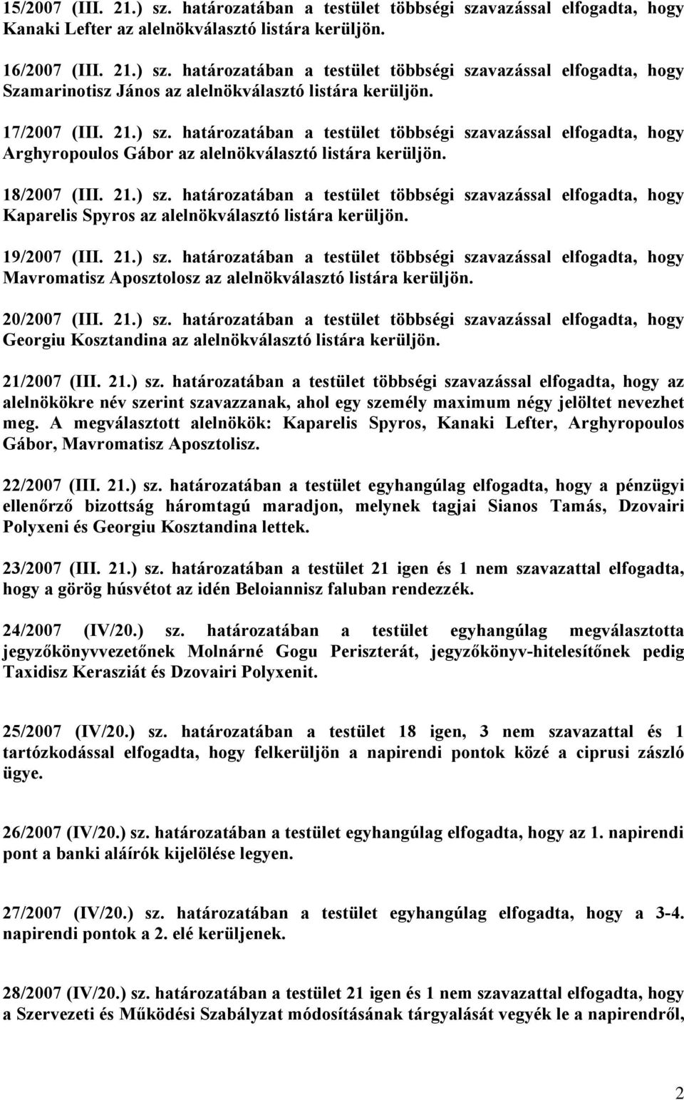 19/2007 (III. 21.) sz. határozatában a testület többségi szavazással elfogadta, hogy Mavromatisz Aposztolosz az alelnökválasztó listára kerüljön. 20/2007 (III. 21.) sz. határozatában a testület többségi szavazással elfogadta, hogy Georgiu Kosztandina az alelnökválasztó listára kerüljön.