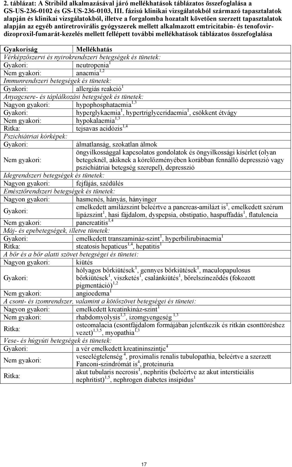 mellett alkalmazott emtricitabin- és tenofovirdizoproxil-fumarát-kezelés mellett fellépett további mellékhatások táblázatos összefoglalása Gyakoriság Mellékhatás Vérképzőszervi és nyirokrendszeri