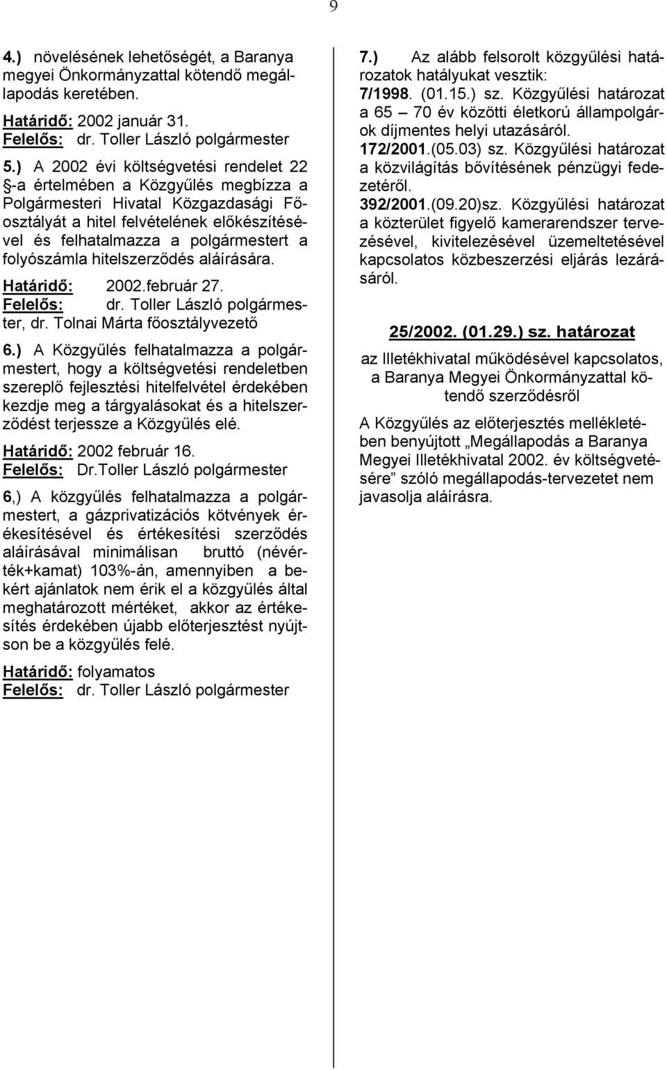 folyószámla hitelszerződés aláírására. Határidő: 2002.február 27. Felelős: dr. Toller László polgármester, dr. Tolnai Márta főosztályvezető 6.