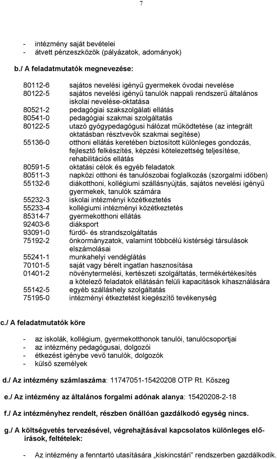 pedagógiai szakszolgálati ellátás 80541-0 pedagógiai szakmai szolgáltatás 80122-5 utazó gyógypedagógusi hálózat működtetése (az integrált oktatásban résztvevők szakmai segítése) 55136-0 otthoni