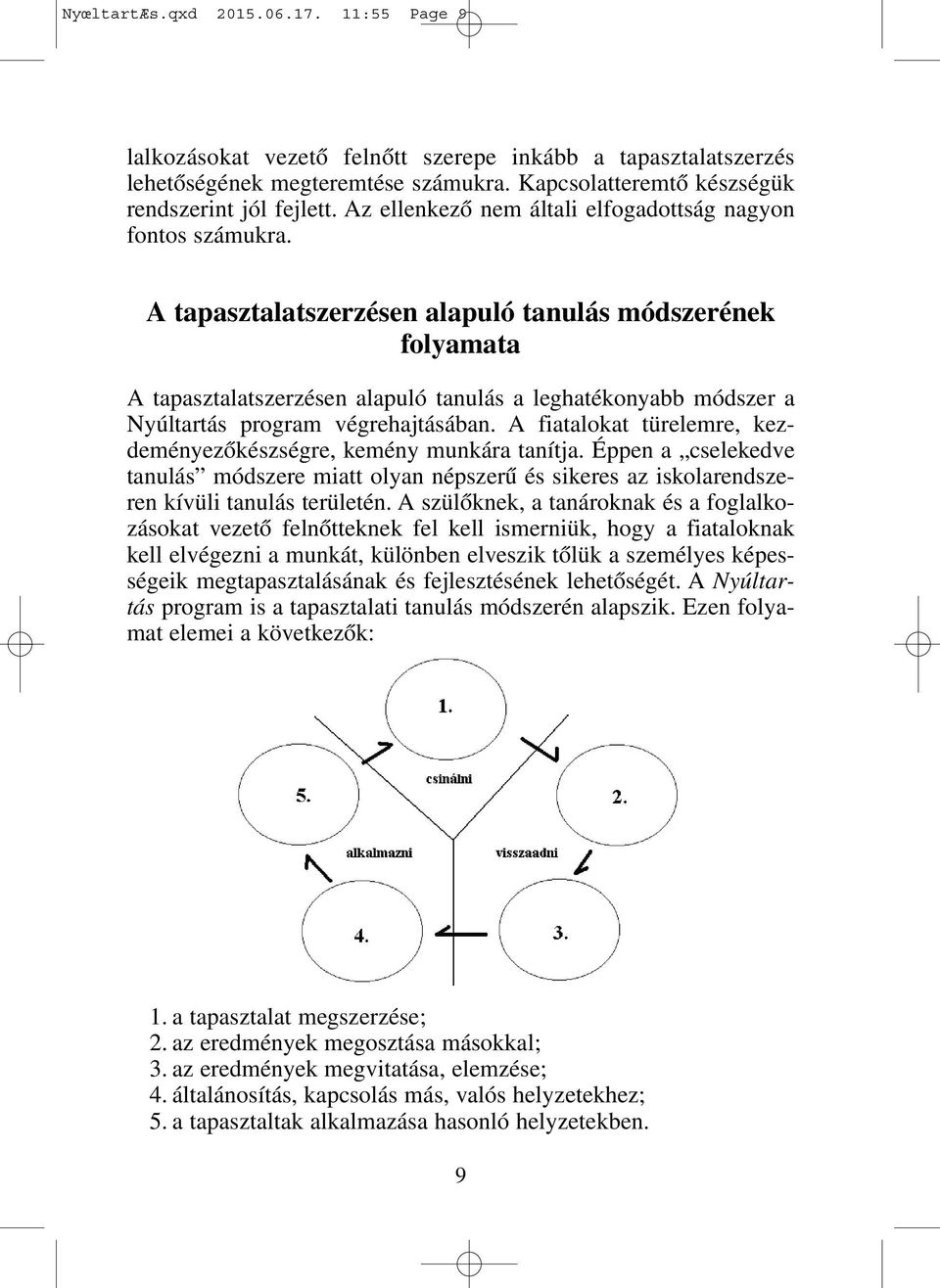 A tapasztalatszerzésen alapuló tanulás módszerének folyamata A tapasztalatszerzésen alapuló tanulás a leghatékonyabb módszer a Nyúltartás program végrehajtásában.