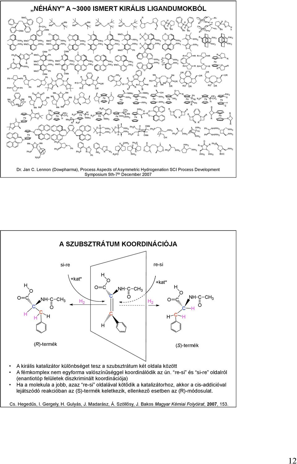 (R)-termék (S)-termék A királis katalizátor különbséget tesz a szubsztrátum két oldala között A fémkomplex nem egyforma valószínűséggel koordinálódik az ún.