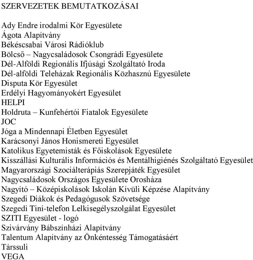 Karácsonyi János Honismereti Egyesület Katolikus Egyetemisták és Főiskolások Egyesülete Kisszállási Kulturális Információs és Mentálhigiénés Szolgáltató Egyesület Magyarországi Szociálterápiás