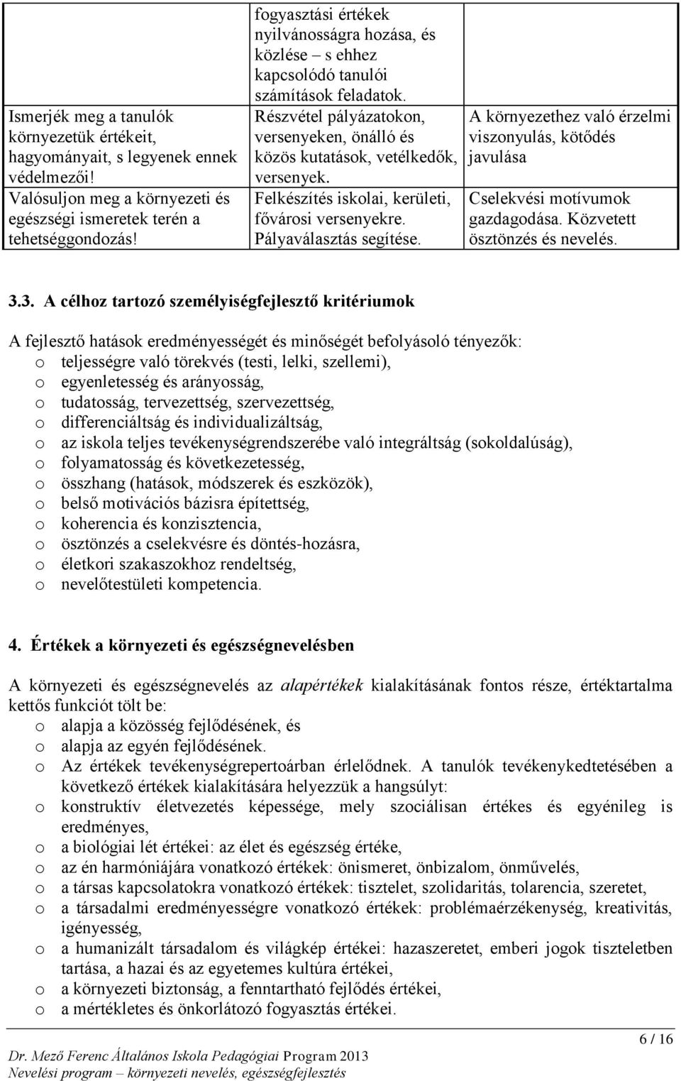 Felkészítés iskolai, kerületi, fővárosi versenyekre. Pályaválasztás segítése. A környezethez való érzelmi viszonyulás, kötődés javulása Cselekvési motívumok gazdagodása.