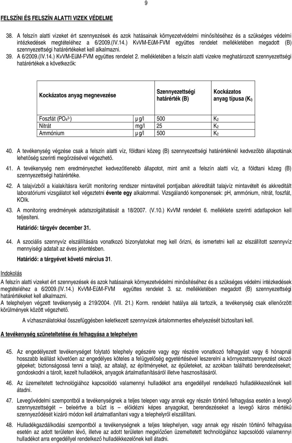 mellékletében a felszín alatti vizekre meghatározott szennyezettségi határértékek a következ k: Kockázatos anyag megnevezése Szennyezettségi határérték (B) Kockázatos anyag típusa (Ki) Foszfát (PO4