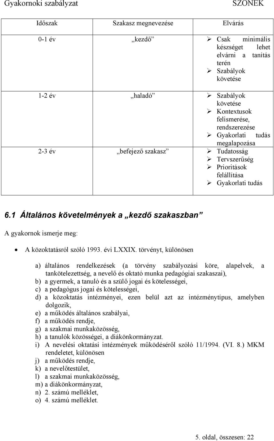 1 Általános követelmények a kezdő szakaszban A gyakornok ismerje meg: A közoktatásról szóló 1993. évi LXXIX.